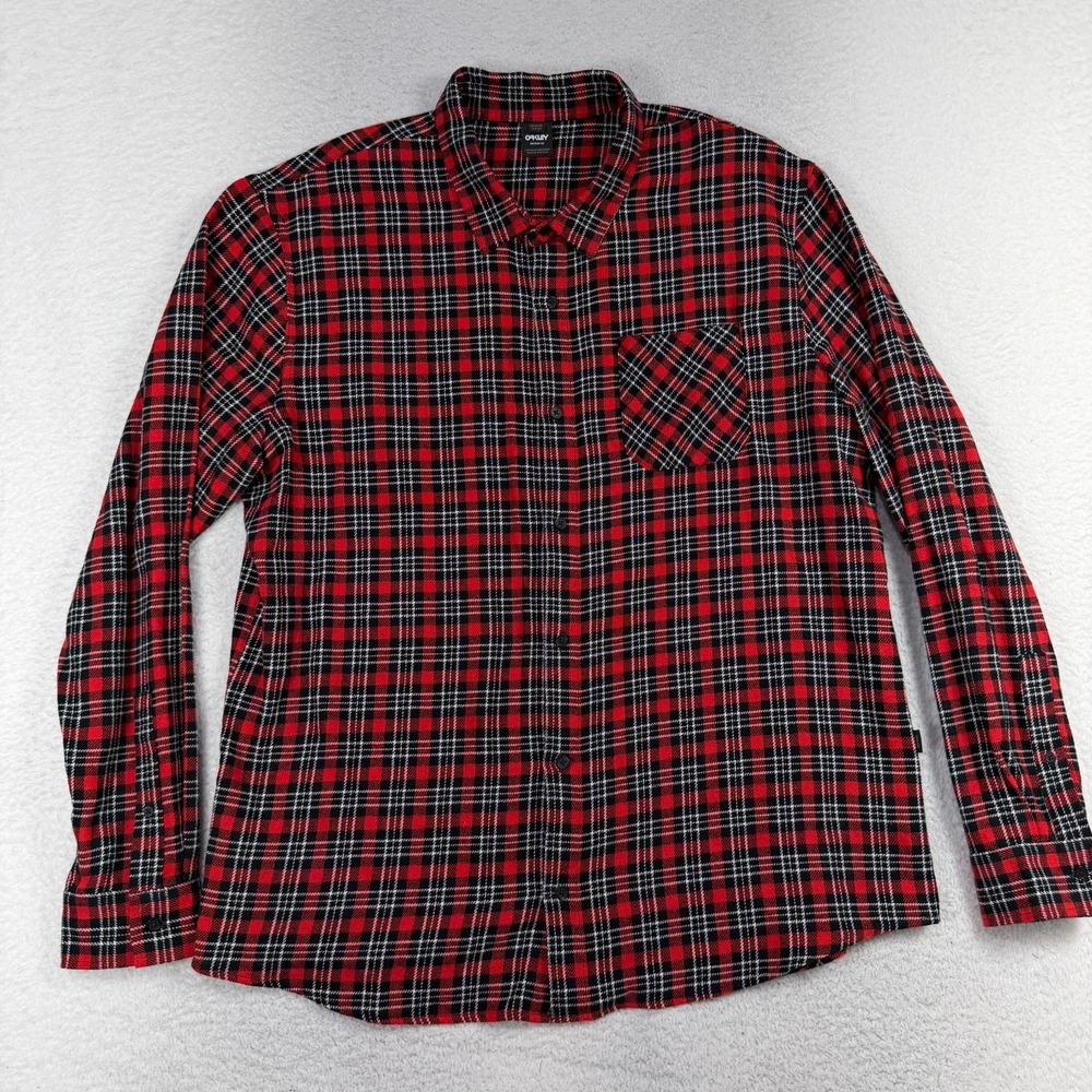 Oakley Mens Long Sleeve Flannel Shirt 2XL Red Black Plaid 100% Cotton EUC